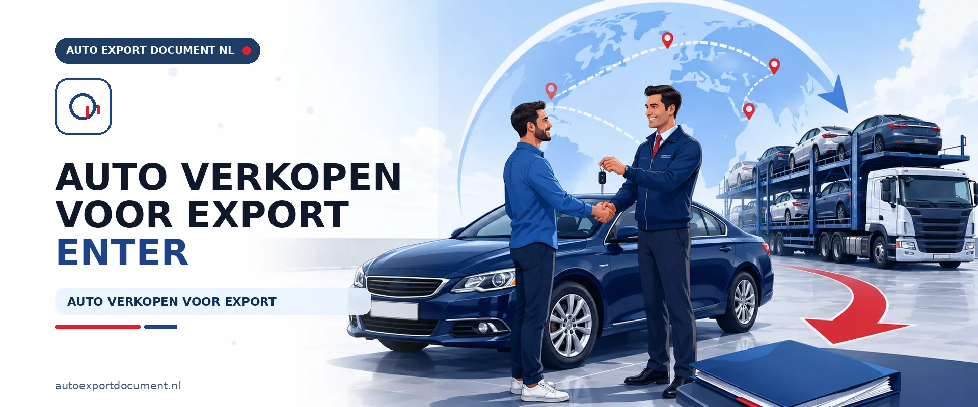 Auto verkopen voor export Enter – banner van Auto Export Document met exportdocument en vrijwaringsbewijs voor autoverkoop voor export vanuit Enter
