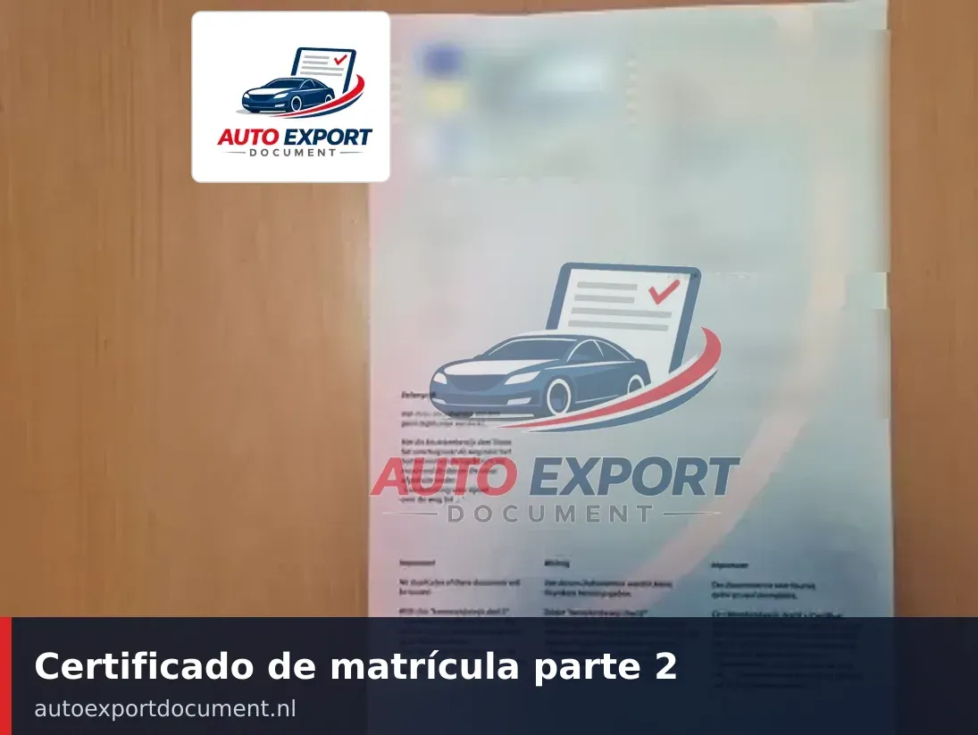 Certificado de matrícula parte 2: documento RDW para exportar um carro da Holanda para Portugal, emitido pela Auto Export Document em Hengelo