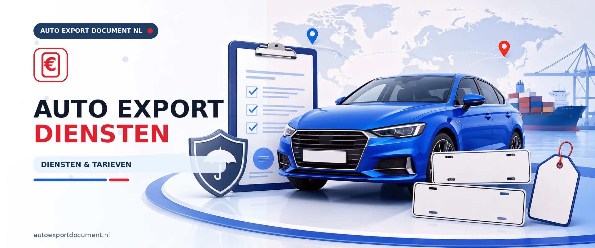 Auto export diensten – banner van Auto Export Document met overzicht van exportdocument, exportverzekering en witte exportkentekens tegen vaste tarieven