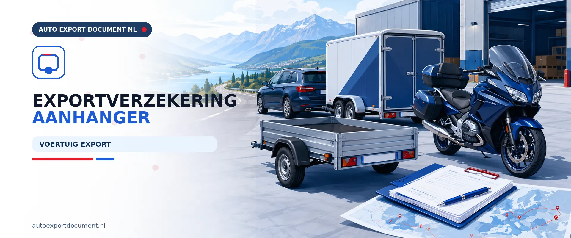 Exportverzekering aanhanger – banner van Auto Export Document met aanhanger, trailer en motor voor exportkentekens en exportverzekering bij voertuig export