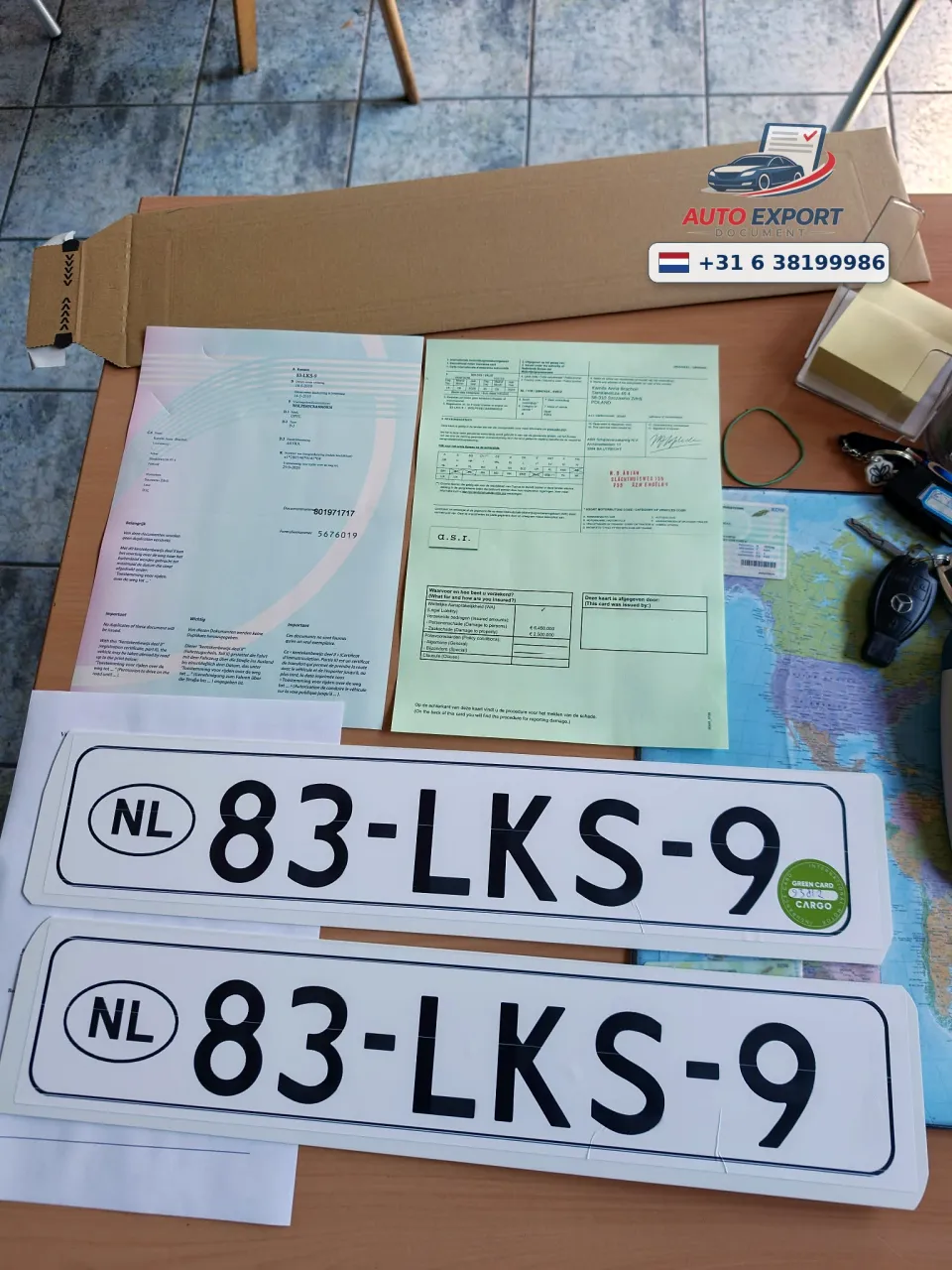 Exportdocumenten, groene kaart voor exportverzekering en witte exportkentekenplaten bij Auto Export Document in Hengelo