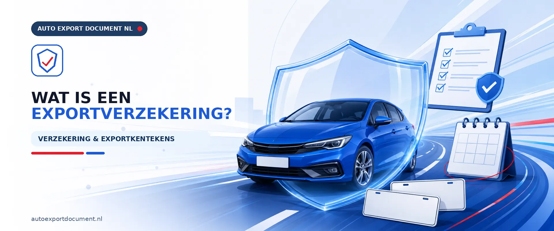 Wat is een exportverzekering – banner van Auto Export Document met auto, verzekeringsschild en checklist met uitleg over de exportverzekering met exportkentekens