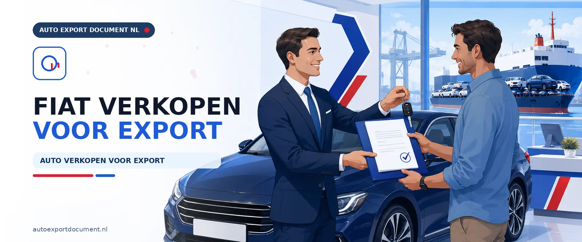 Fiat verkopen voor export – banner van Auto Export Document met exportdocument en vrijwaringsbewijs voor de verkoop van uw Fiat voor export vanuit Nederland