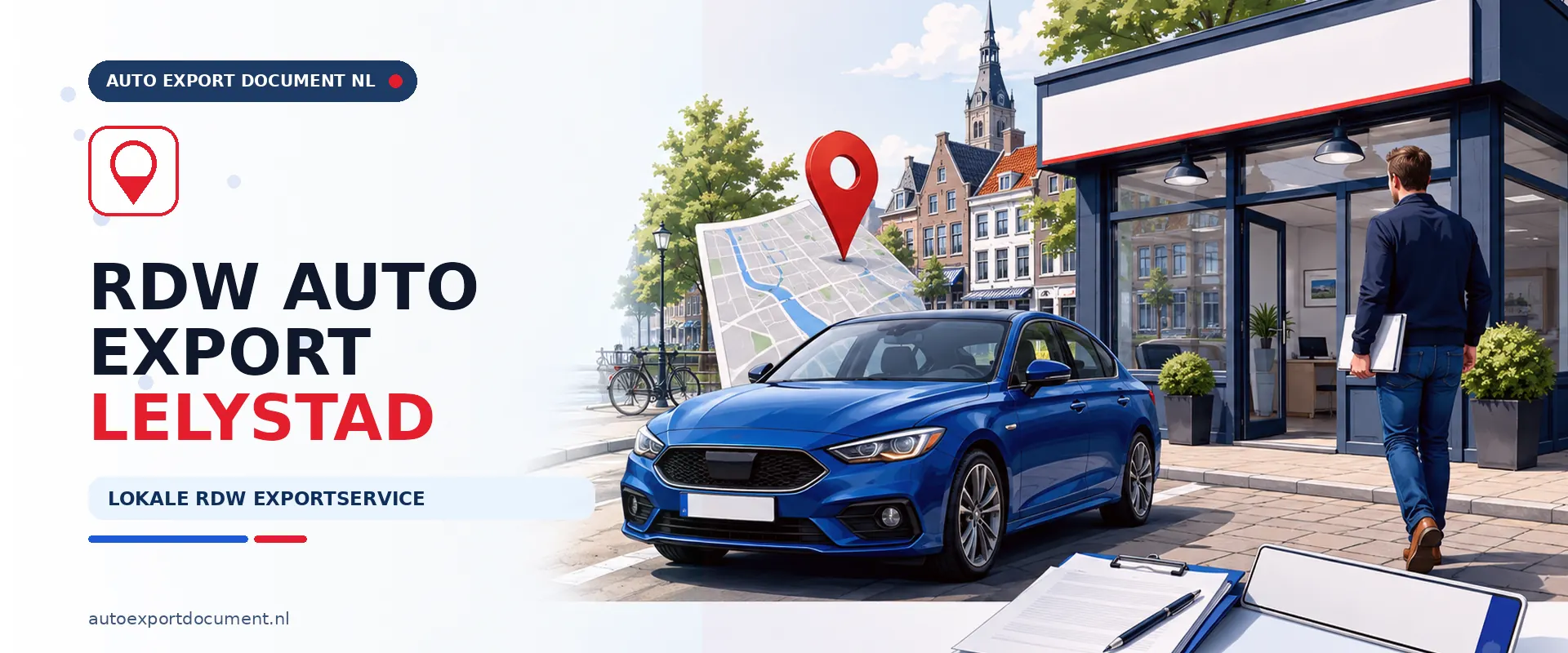 RDW auto exporteren Lelystad nu open – banner van Auto Export Document, RDW erkend exportkantoor geopend voor exportdocument en exportkentekens vanuit Lelystad en Flevoland
