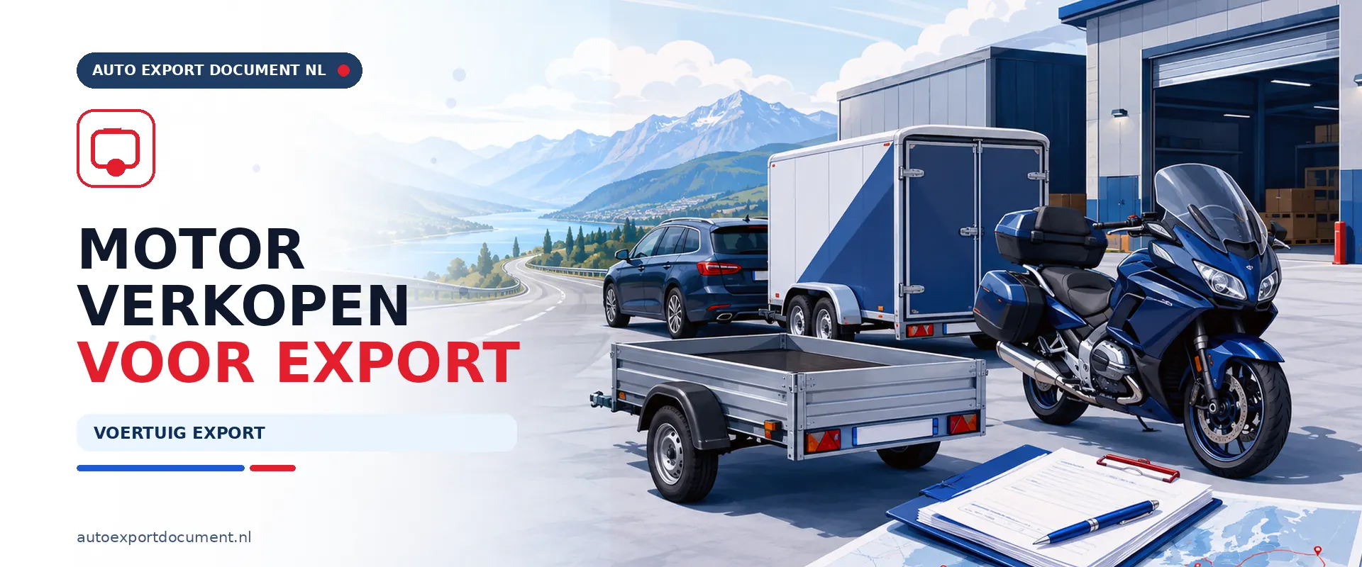 Motor verkopen voor export – banner van Auto Export Document met motorfiets, exportdocument en vrijwaringsbewijs voor de verkoop van uw motor voor export vanuit Nederland