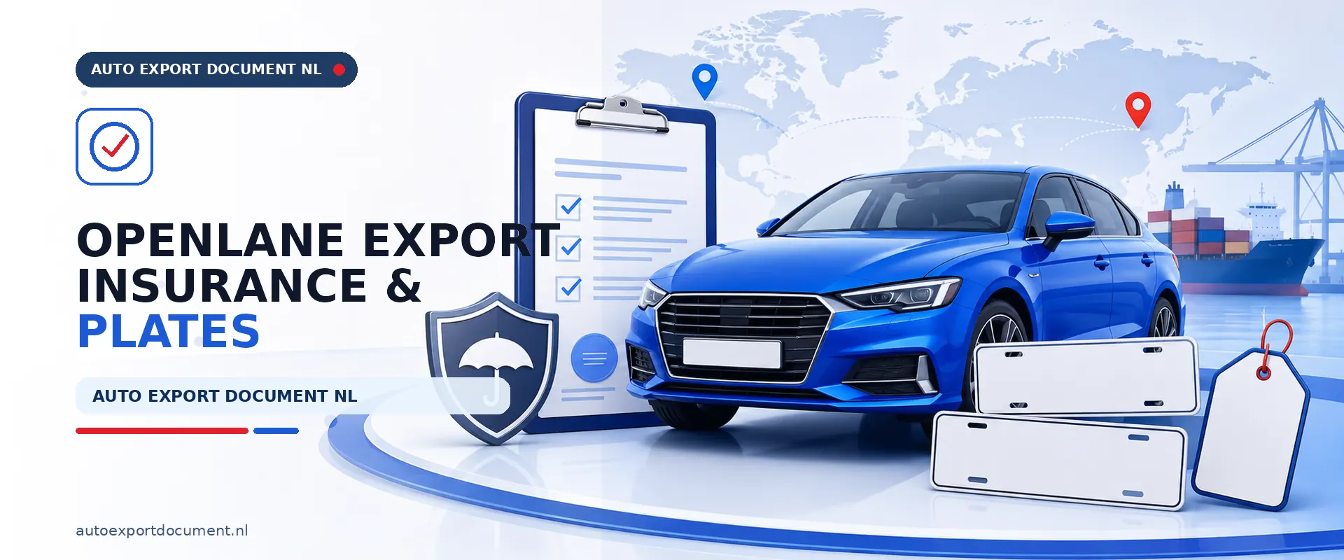 OpenLane export insurance and plates Netherlands – Auto Export Document banner with export insurance and white export plates for vehicles bought at OpenLane auctions in the Netherlands