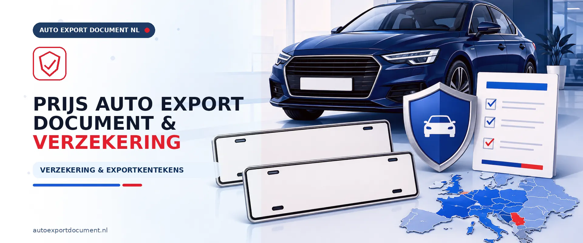 Prijs auto export document en verzekering – banner van Auto Export Document met vaste tarieven voor exportdocument, exportverzekering en witte exportkentekenplaten