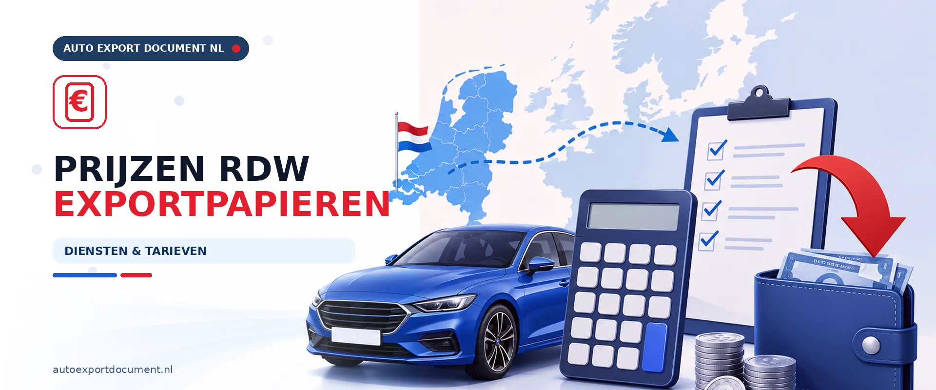Prijzen RDW exportpapieren – banner van Auto Export Document met rekenmachine en overzicht van tarieven voor exportdocument en exportkentekens
