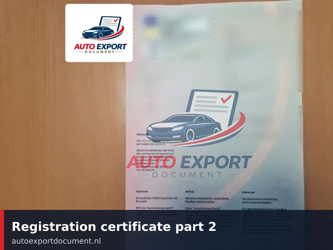 Registration certificate part 2, the RDW export document for a car exported from Holland (Netherlands), prepared by Auto Export Document in Hengelo