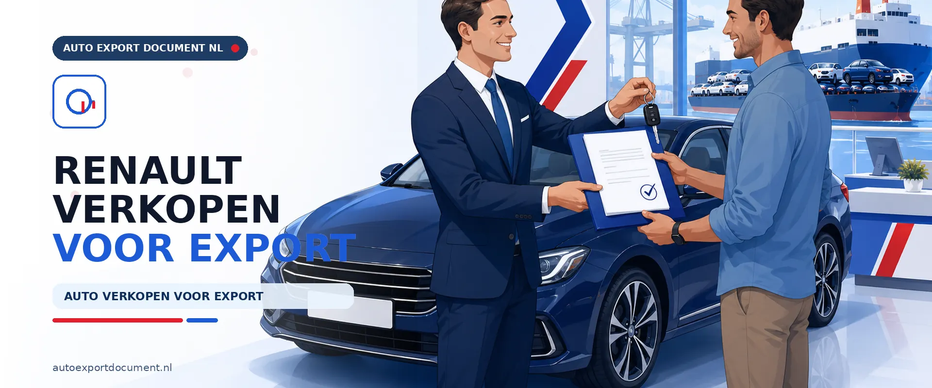 Renault verkopen voor export – banner van Auto Export Document met exportdocument en vrijwaringsbewijs voor de verkoop van uw Renault voor export vanuit Nederland