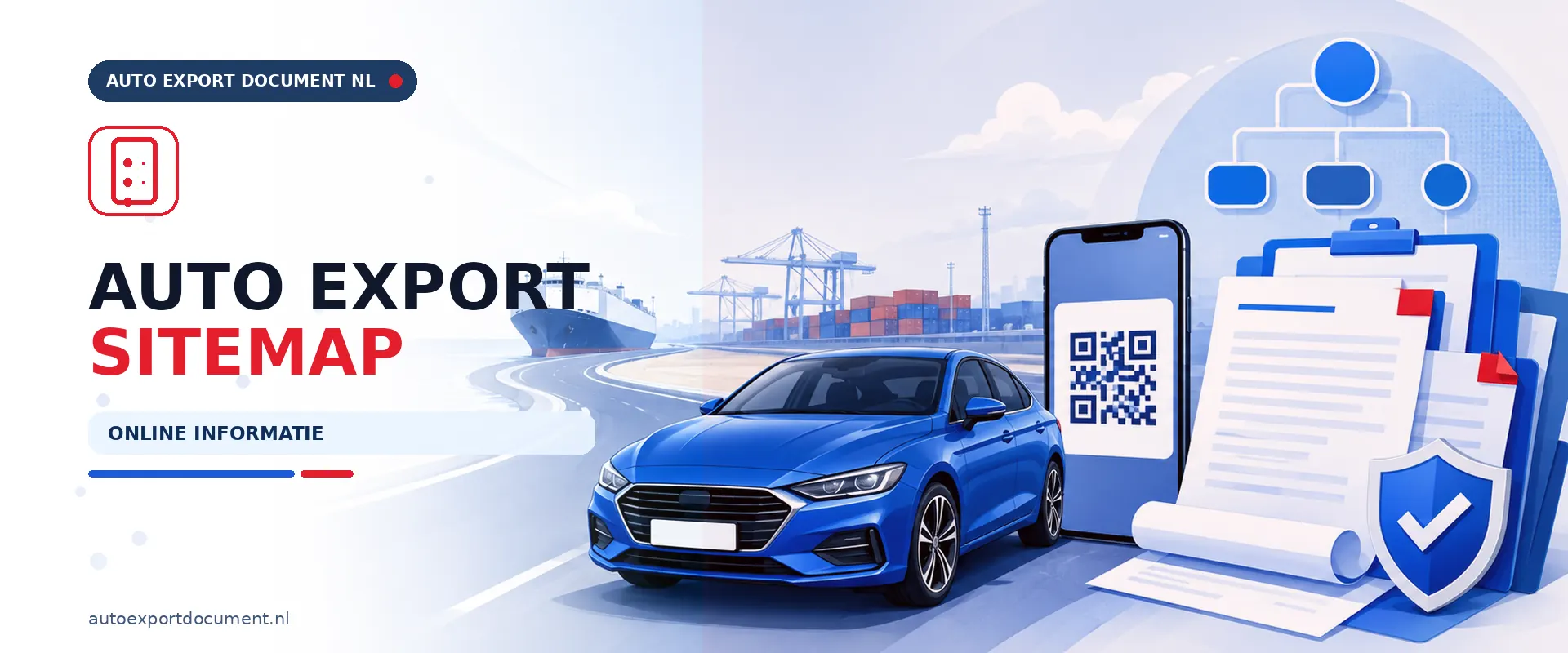 Sitemap autoexportdocument.nl – banner van Auto Export Document met overzicht van alle pagina's over auto export, verzekering en exportkentekens in Nederland