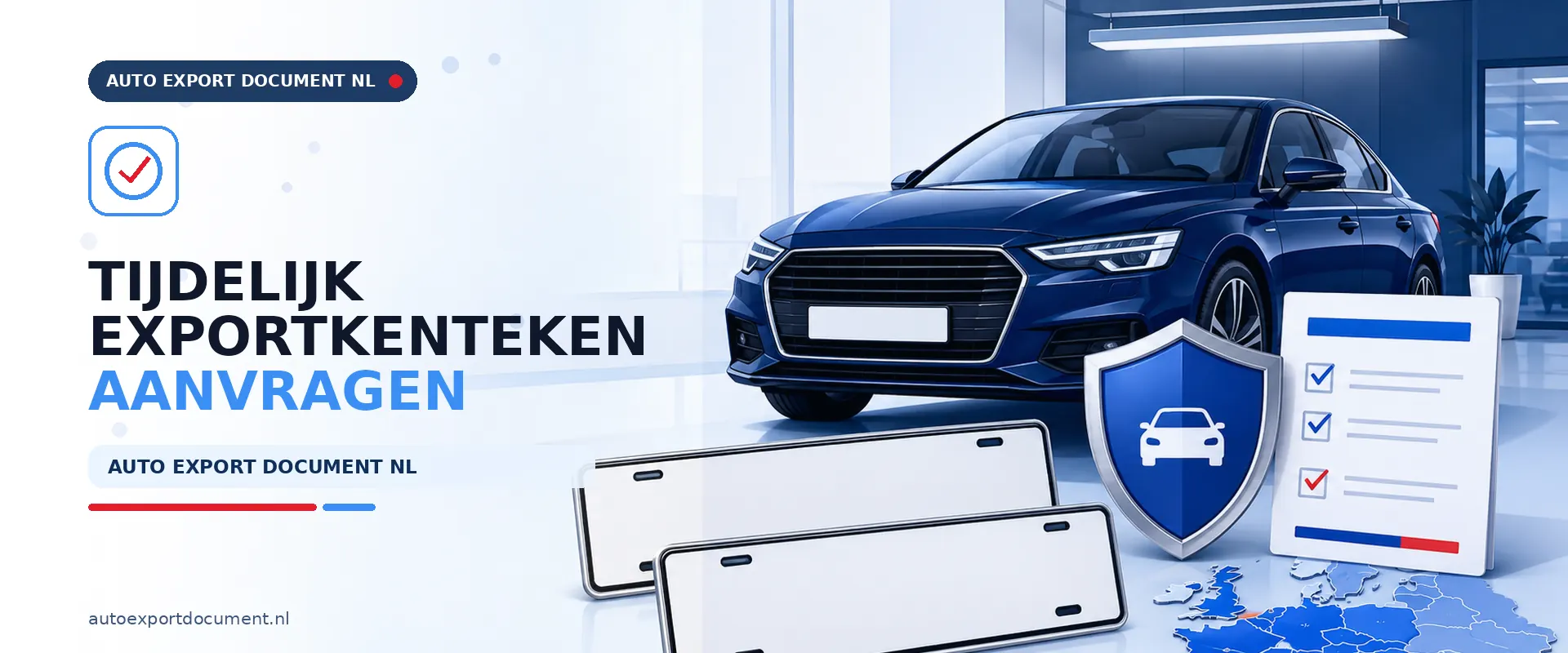 Tijdelijk exportkenteken aanvragen – banner van Auto Export Document met witte exportkentekenplaten en exportverzekering voor tijdelijke exportkentekens in Nederland