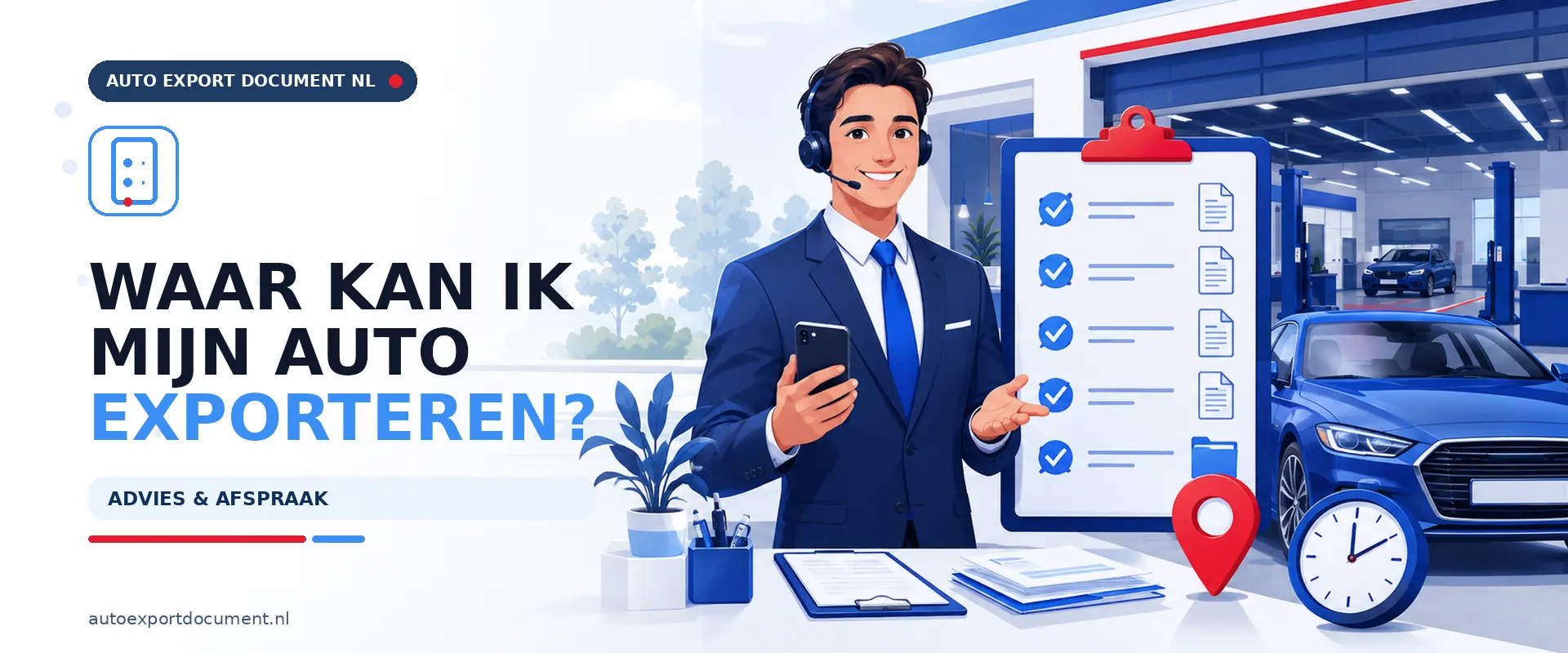 Waar kan ik mijn auto exporteren – banner van Auto Export Document met adviseur voor advies en afspraak bij het RDW erkende exportkantoor in Hengelo